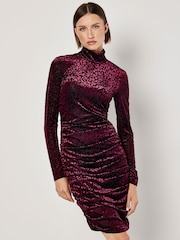 Apricot Red Animal Print Jacquard Ruched Dress - Image 1 of 4