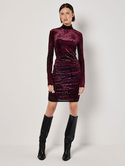 Apricot Red Animal Print Jacquard Ruched Dress - Image 2 of 4