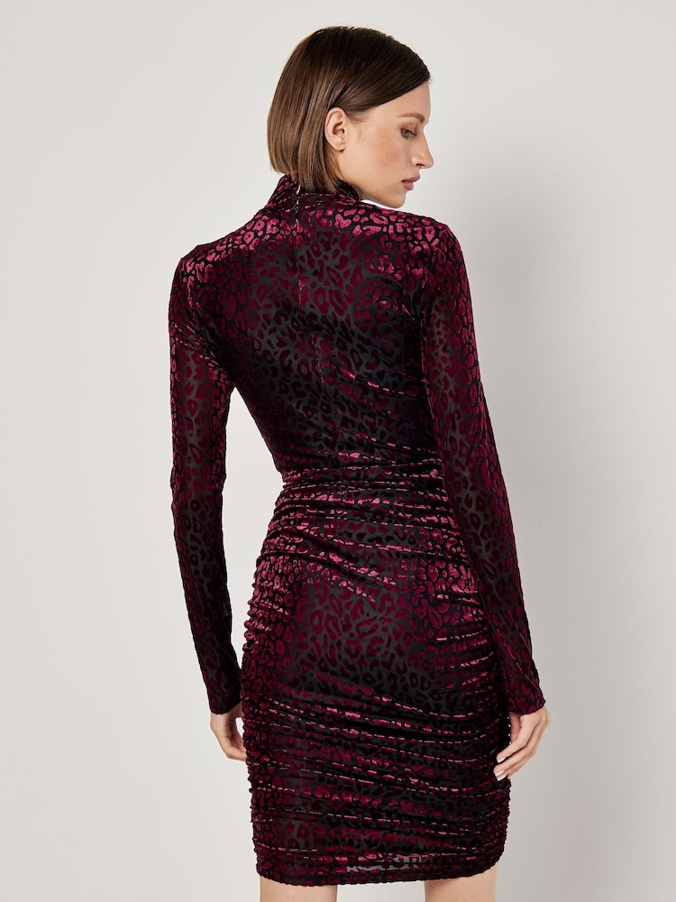 Apricot Red Animal Print Jacquard Ruched Dress - Image 3 of 4