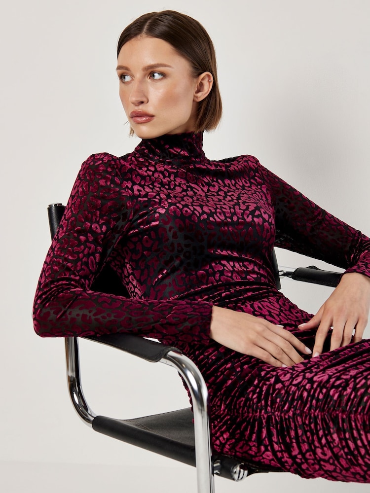 Apricot Red Animal Print Jacquard Ruched Dress - Image 4 of 4