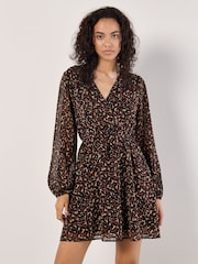 Apricot Orange Chiffon Animal Print Faux Wrap Dress - Image 1 of 4