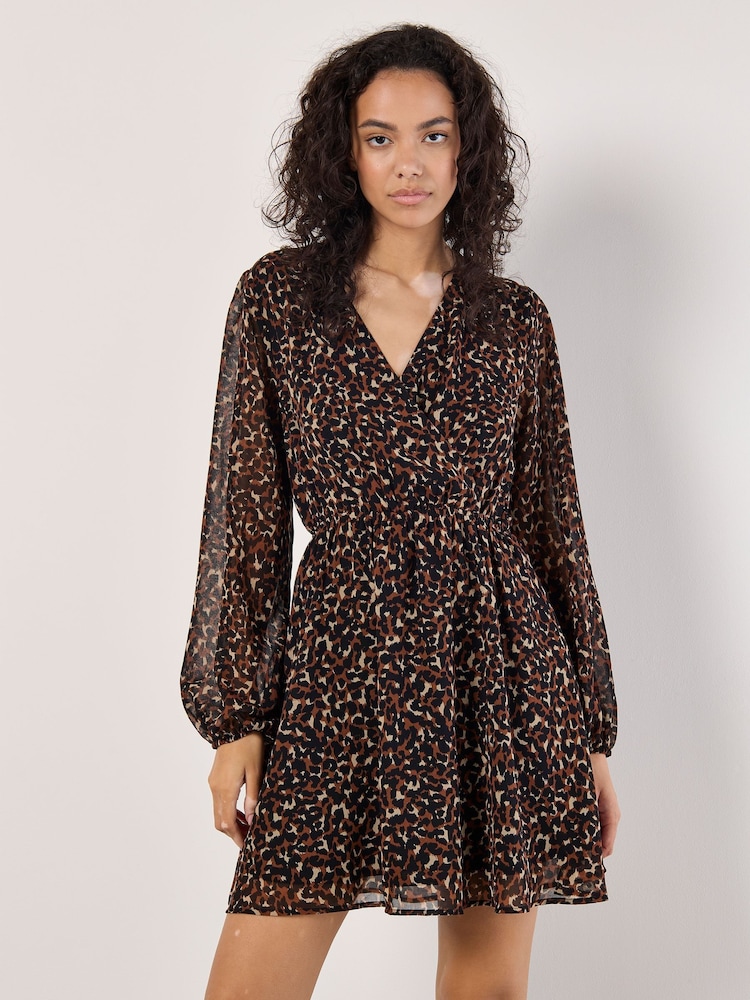 Apricot Orange Chiffon Animal Print Faux Wrap Dress - Image 1 of 4