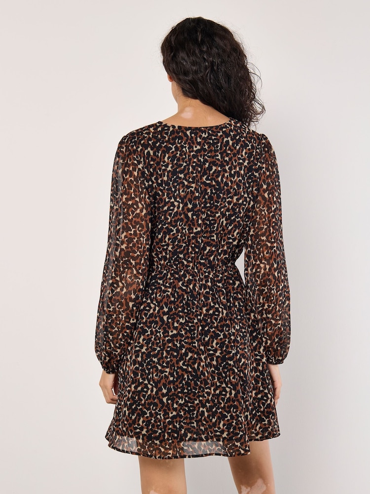 Apricot Orange Chiffon Animal Print Faux Wrap Dress - Image 2 of 4