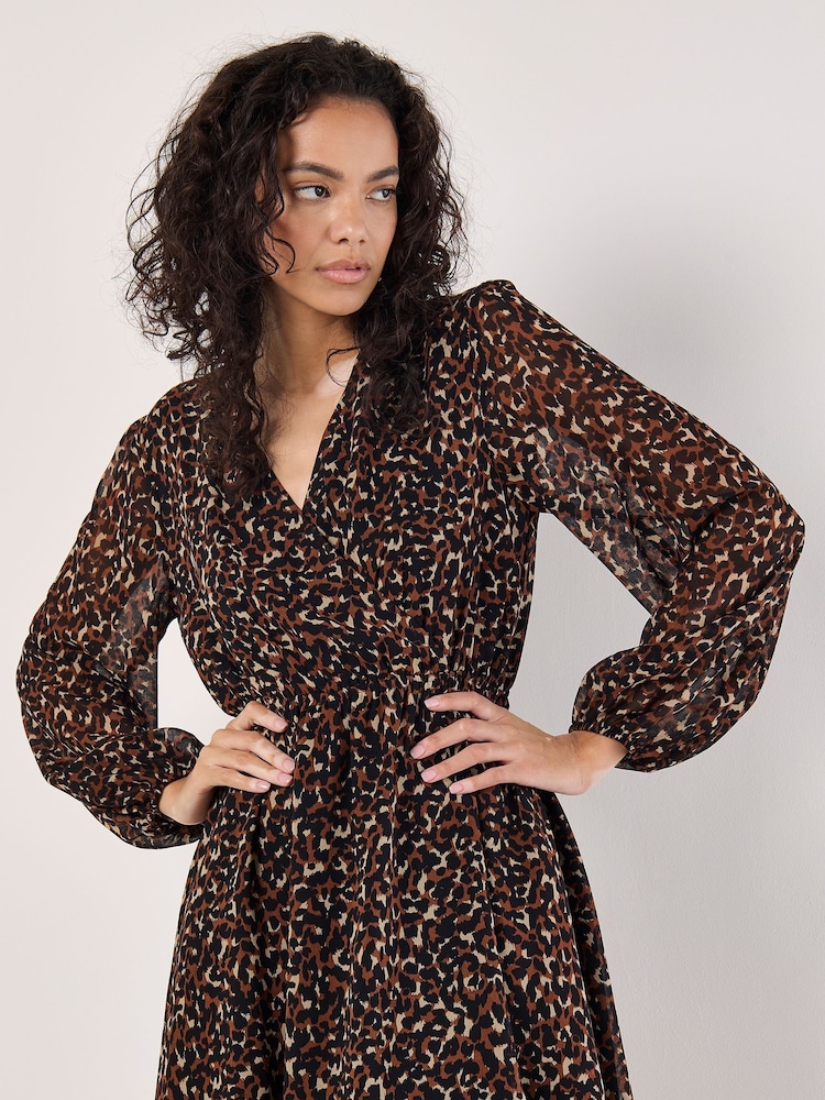 Apricot Orange Chiffon Animal Print Faux Wrap Dress - Image 4 of 4