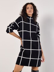 Apricot Black Window Check High Neck Jumper Dress - Image 1 of 4