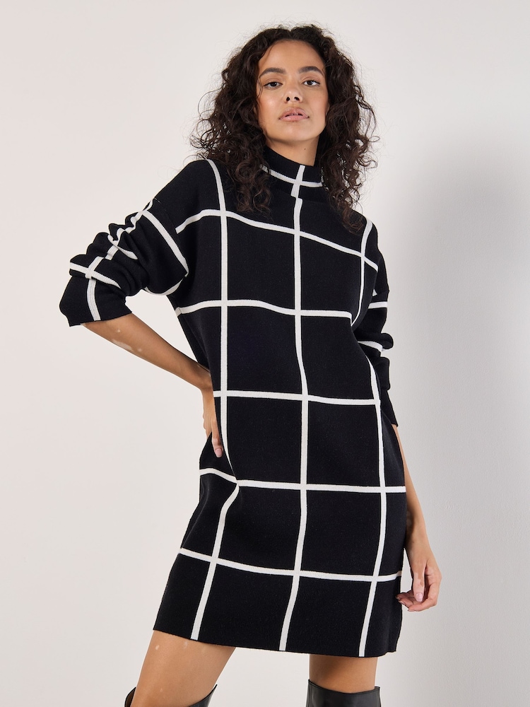 Apricot Black Window Check High Neck Jumper Dress - Image 1 of 4