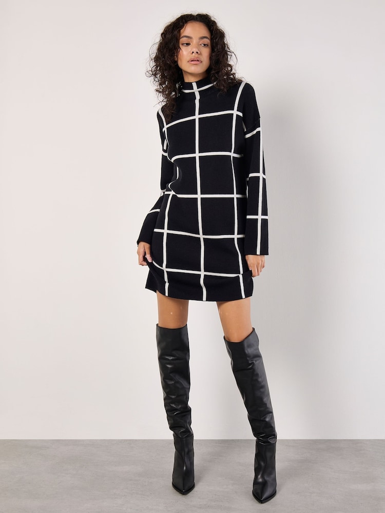 Apricot Black Window Check High Neck Jumper Dress - Image 2 of 4
