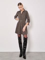 Apricot Brown Petal Print Circle Belt Dress - Image 1 of 4