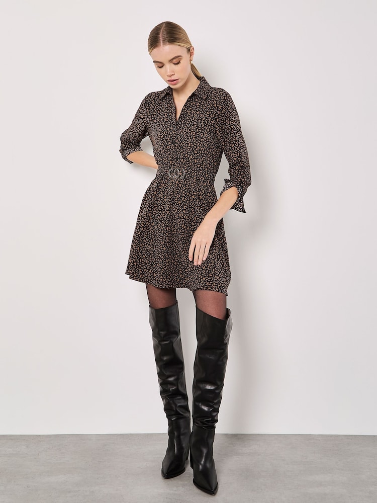 Apricot Brown Petal Print Circle Belt Dress - Image 1 of 4
