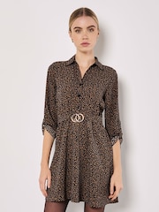 Apricot Brown Petal Print Circle Belt Dress - Image 2 of 4