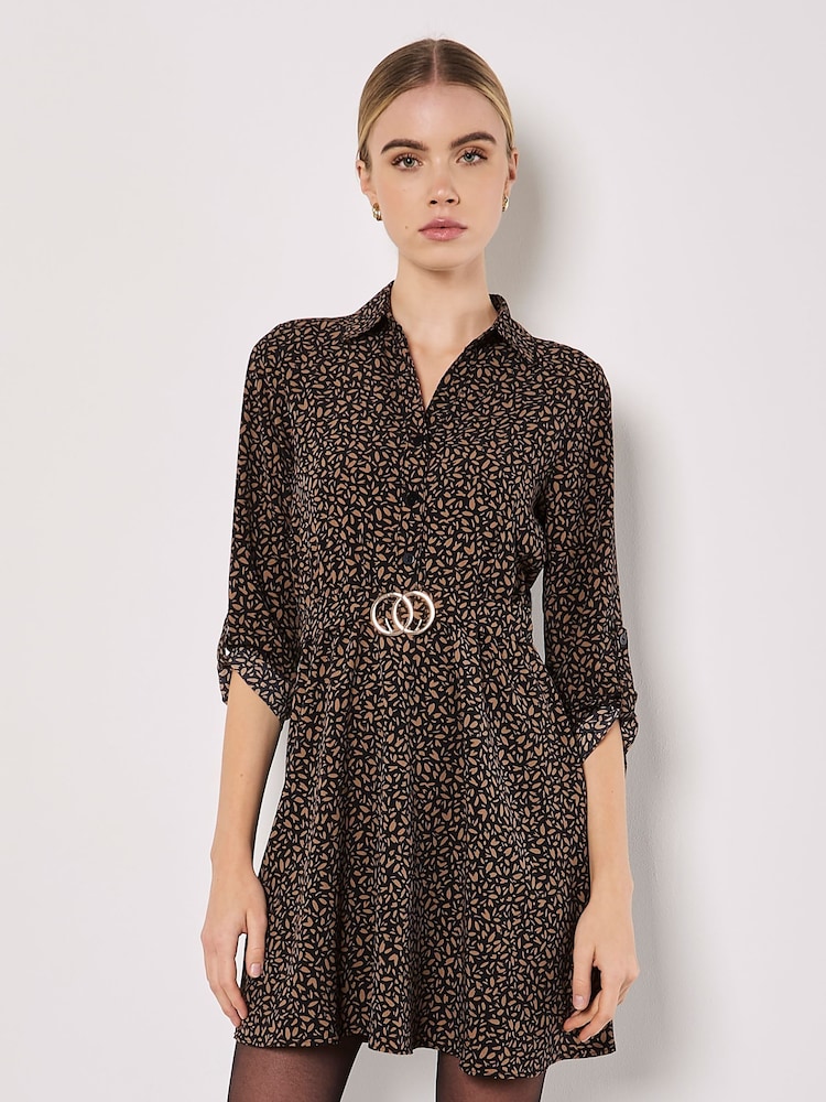 Apricot Brown Petal Print Circle Belt Dress - Image 2 of 4