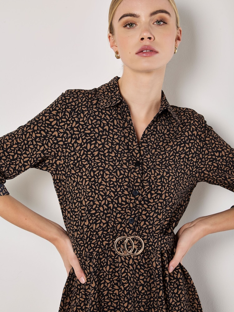 Apricot Brown Petal Print Circle Belt Dress - Image 4 of 4