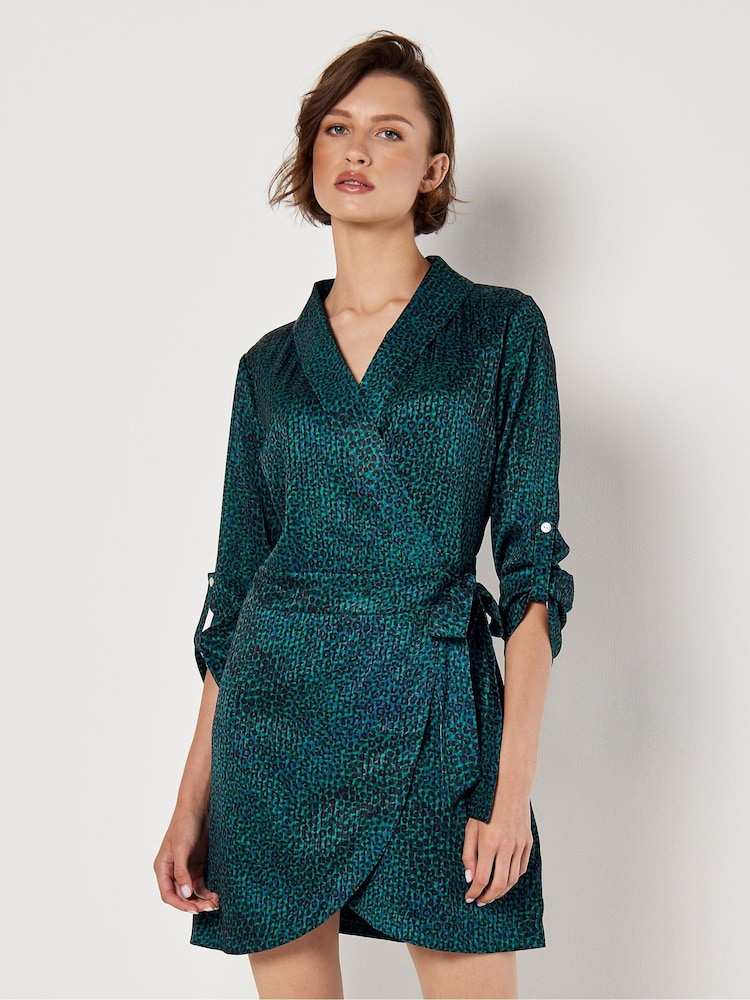 Apricot Green Micro Animal Print Tie Wrap Dress - Image 1 of 4