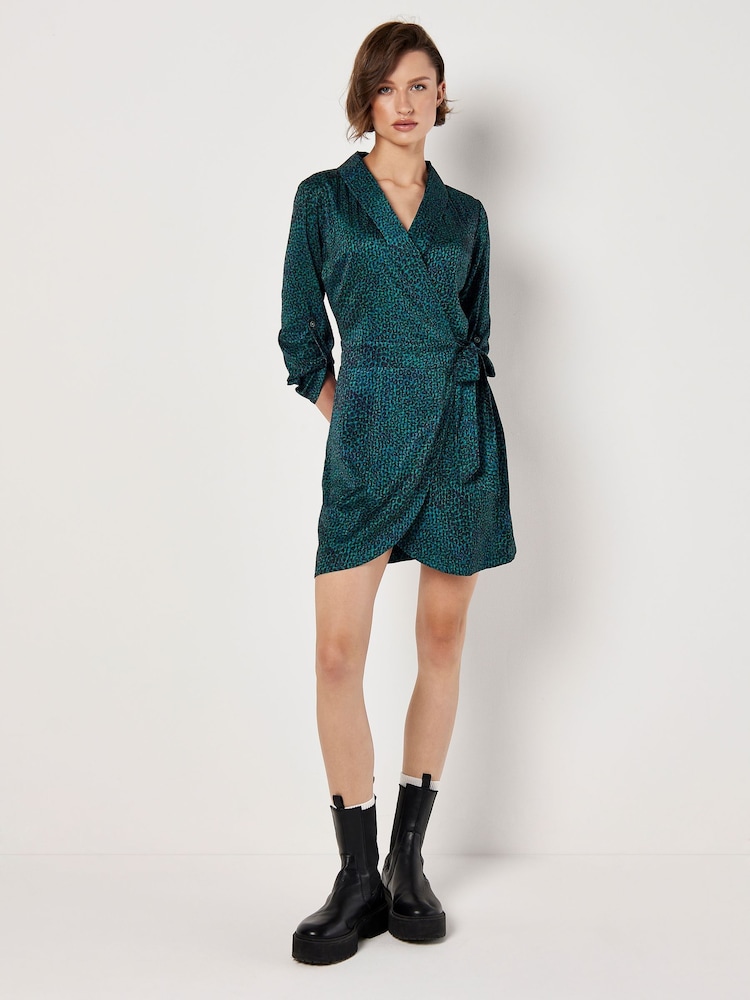 Apricot Green Micro Animal Print Tie Wrap Dress - Image 2 of 4