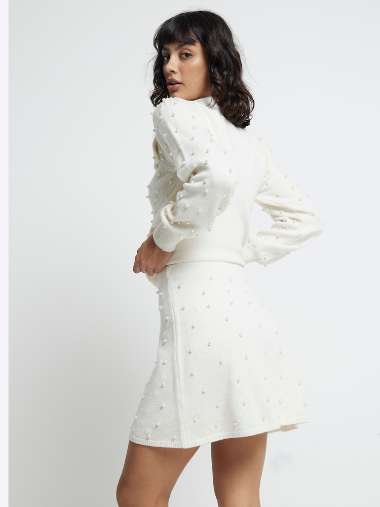 River Island Cream Pearl Detail Flippy Mini Skirt - Image 2 of 5