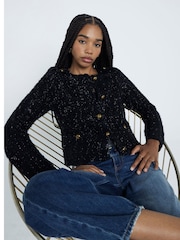 River Island Black Sparkle Military Knitted Cardigan - Image 1 of 5