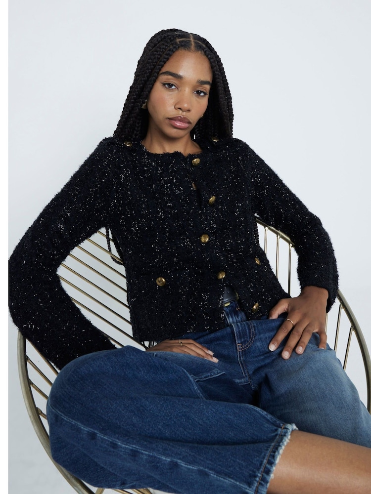 River Island Black Sparkle Military Knitted Cardigan - Image 1 of 5