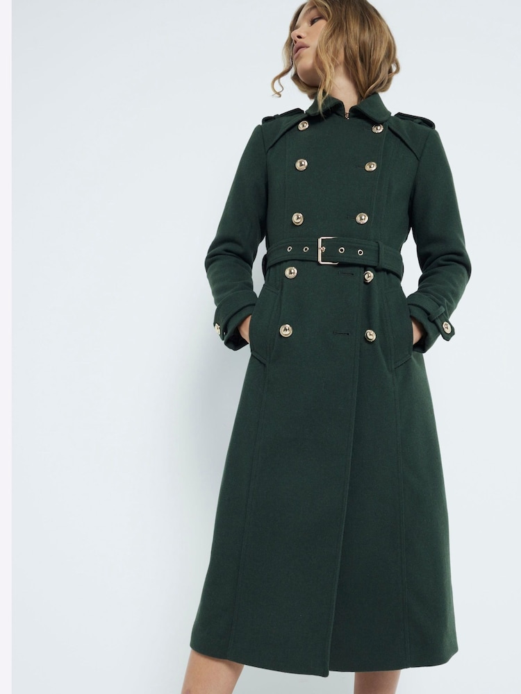 River Island Green High Neck Military Wool Trench Coat - Image 4 of 6