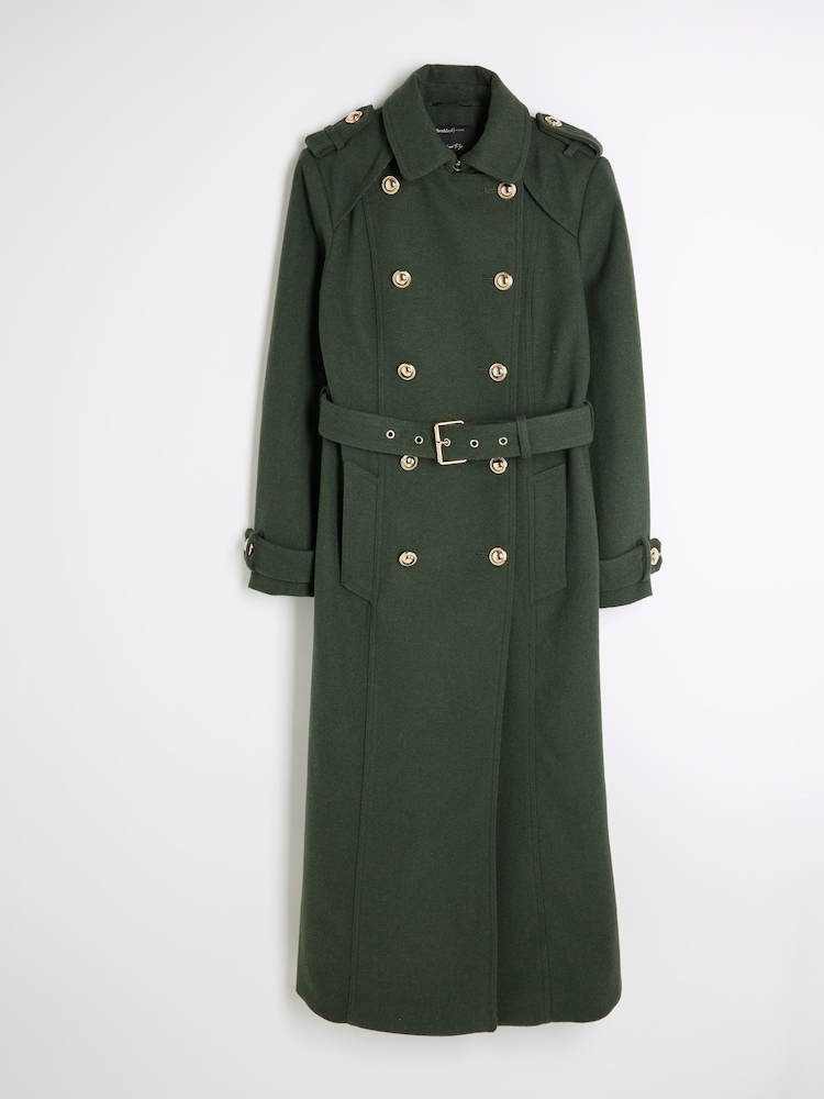 River Island Green High Neck Military Wool Trench Coat - Image 5 of 6