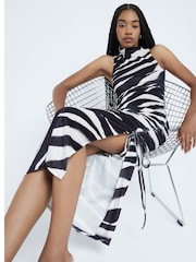 River Island Black Zebra Print Velvet Ruched Midi Dress - Image 1 of 5