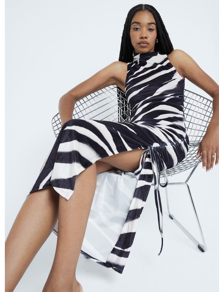 River Island Black Zebra Print Velvet Ruched Midi Dress - Image 1 of 5 River Island Black Zebra Print Velvet Ruched Midi Dress - Image 1 of 5