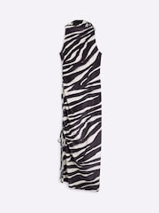 River Island Black Zebra Print Velvet Ruched Midi Dress - Image 6 of 6