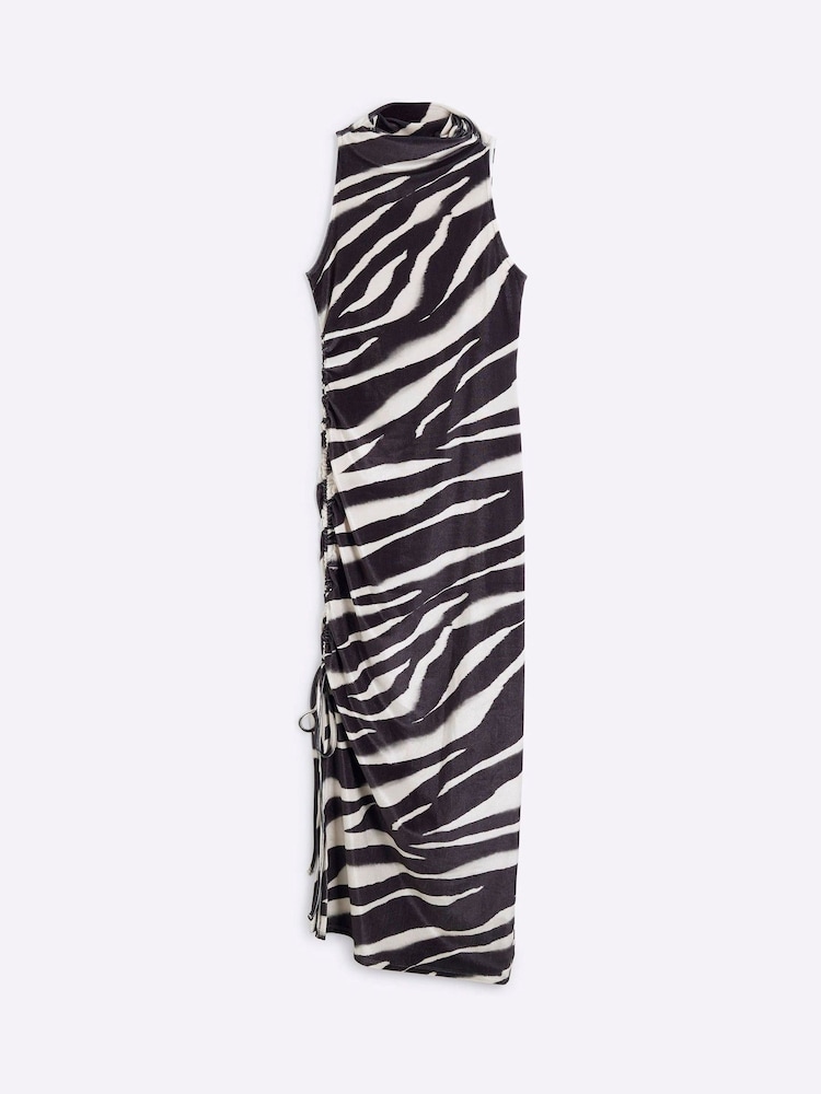 River Island Black Zebra Print Velvet Ruched Midi Dress - Image 6 of 6