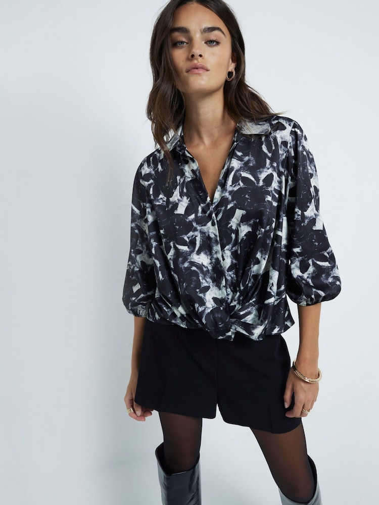 River Island Black Long Sleeve Floral Wrap Shirt - Image 1 of 6