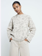 River Island Brown Leopard Sequin Fluffy Jumper - Image 1 of 4