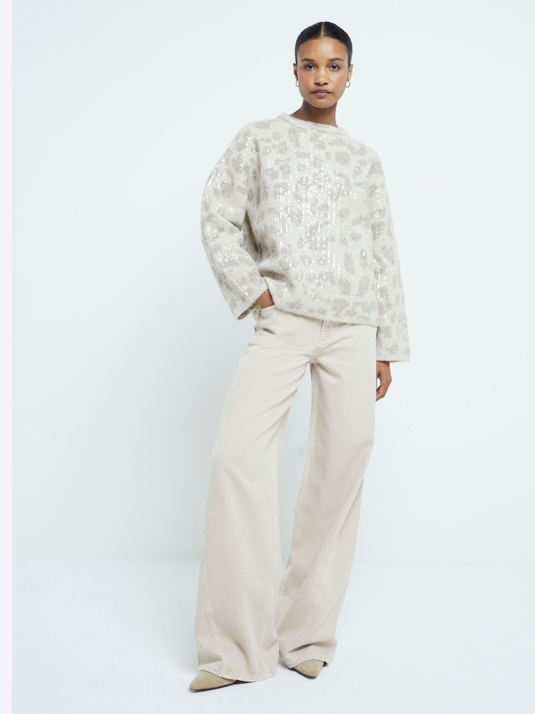 River Island Brown Leopard Sequin Fluffy Jumper - Image 2 of 4