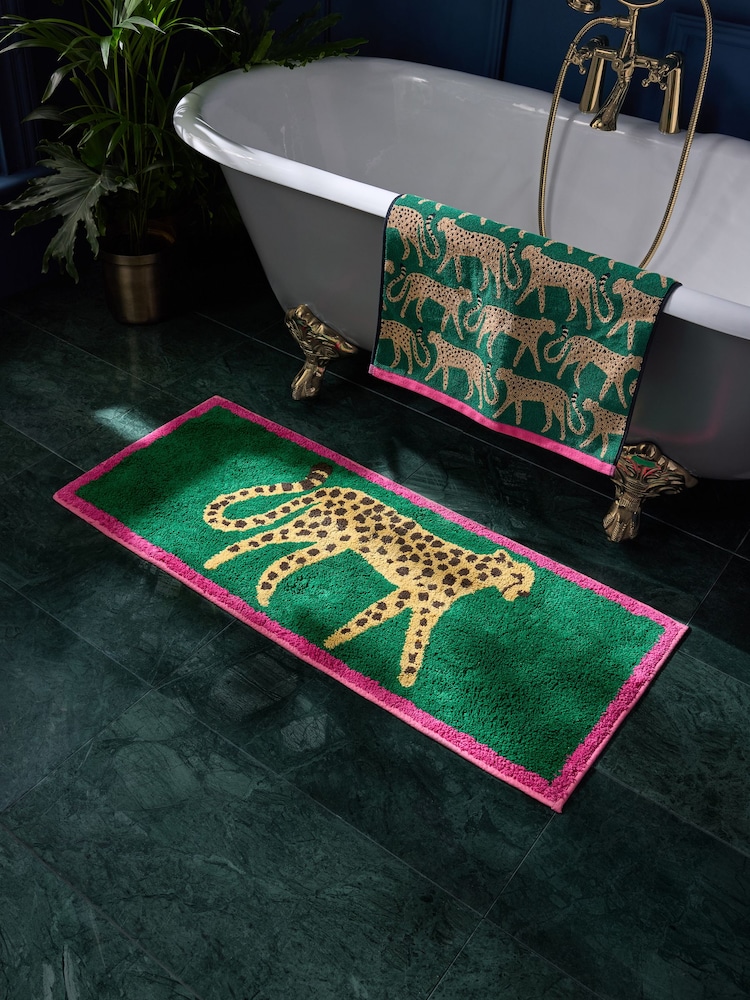 Green Cheetah Animal Print 100% Cotton Runner Bath Mat - Image 1 of 3