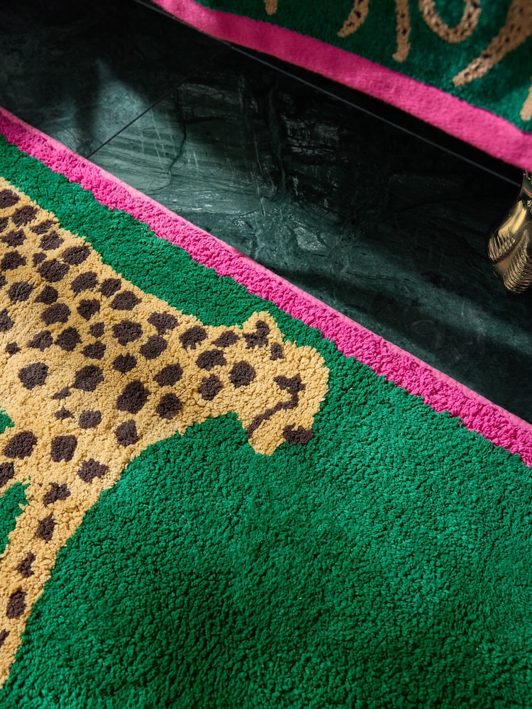 Green Cheetah Animal Print 100% Cotton Runner Bath Mat - Image 2 of 3