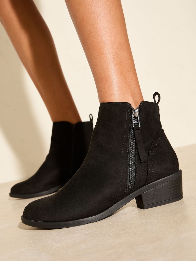 Friends Like These Black Standard fit Mid Block Heel Side Zip Faux Suede Cuban Boots - Image 2 of 4