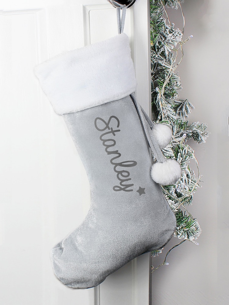 Personalised Name Only Grey Christmas Stocking by PMC - Image 1 of 3 Personalised Name Only Grey Christmas Stocking by PMC - Image 1 of 3