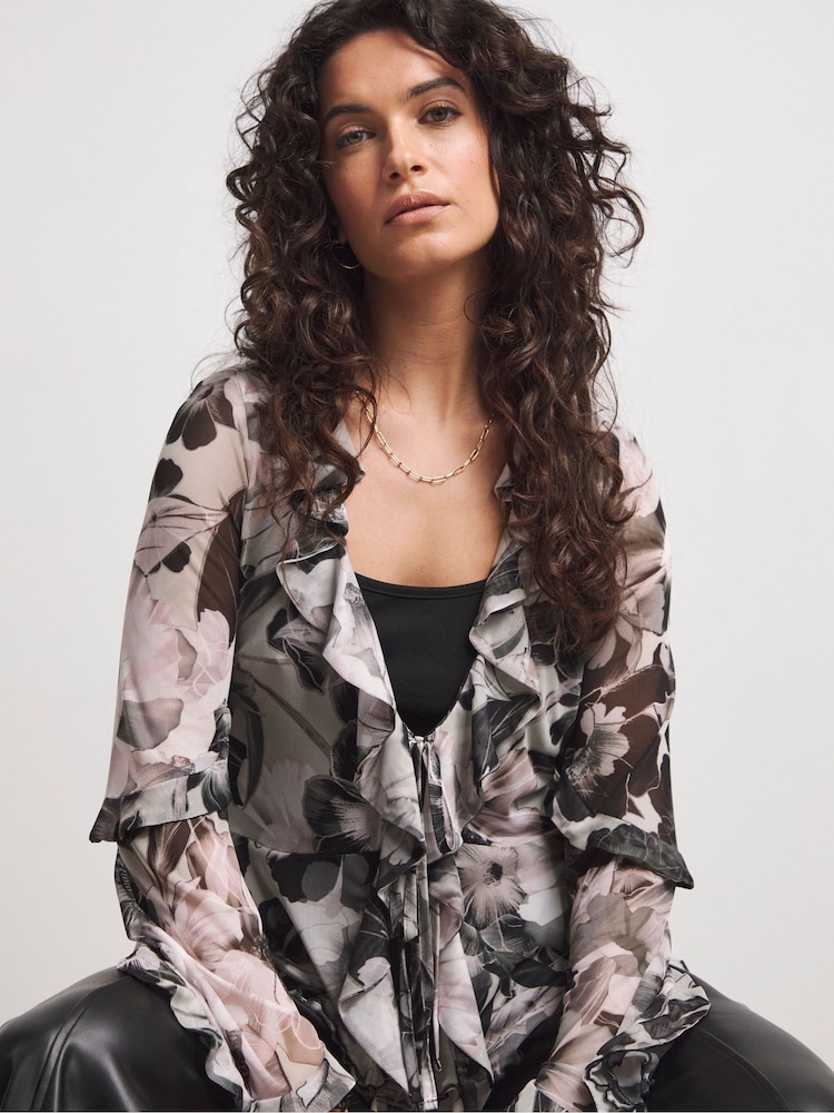 Joanna Hope Mesh Ruffle Cream/Black Blouse - Image 1 of 4 Joanna Hope Mesh Ruffle Cream/Black Blouse - Image 1 of 4