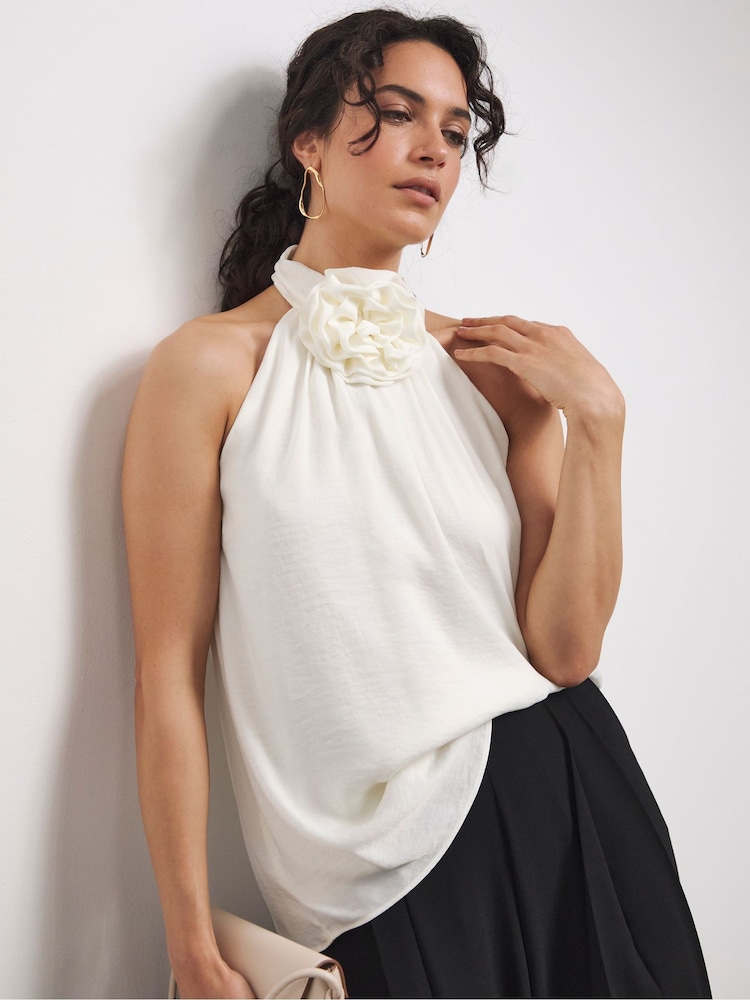 Joanna Hope Corsage Halter Neck White Top - Image 1 of 4