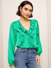 Friends Like These Green Long Sleeve Crinkle Satin Ruffle Front Blouse - Image 2 of 4