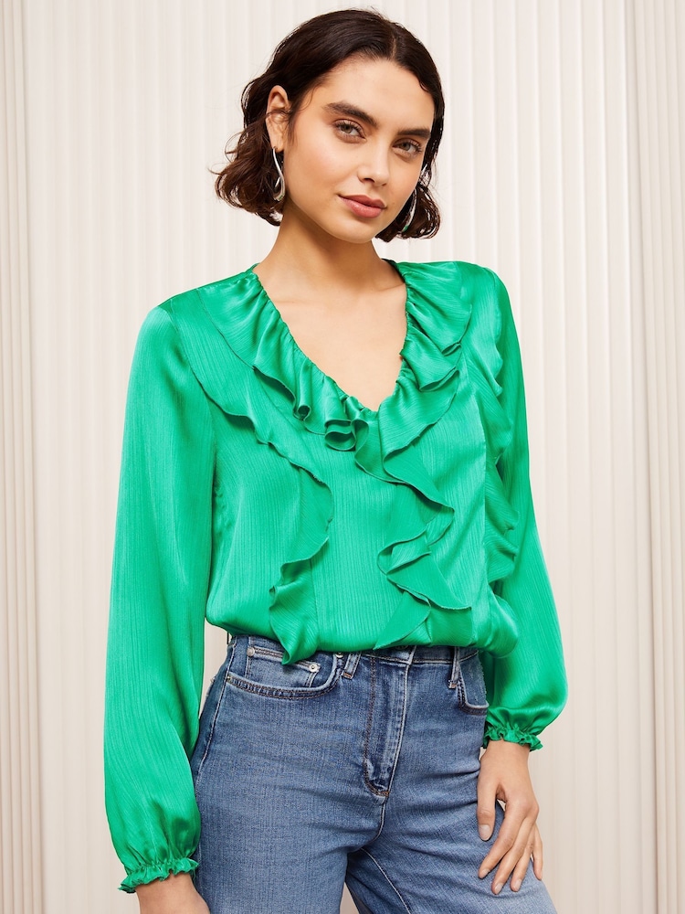 Friends Like These Green Long Sleeve Crinkle Satin Ruffle Front Blouse - Image 2 of 4