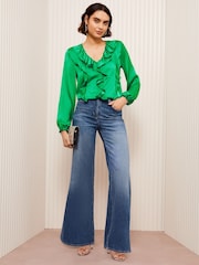 Friends Like These Green Long Sleeve Crinkle Satin Ruffle Front Blouse - Image 3 of 4
