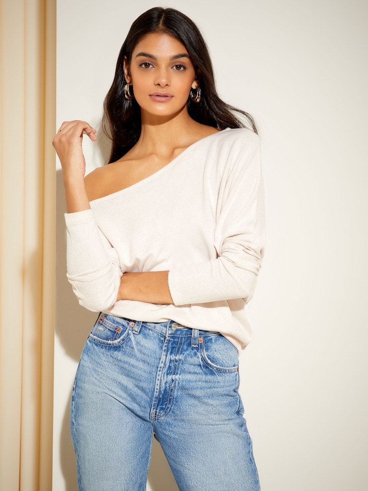 Friends Like These Neutral Long Sleeve Cosy Slash Neck Tunic - Image 1 of 4