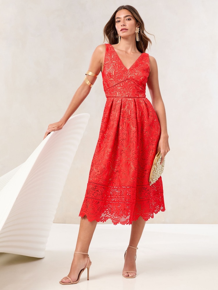 Rojo - Lipsy Premium Lace V-Neck Prom Midi Dress - Imagen 1 de 4