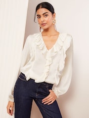 Friends Like These Ivory Long Sleeve Crinkle Satin Ruffle Front Blouse - Image 2 of 4