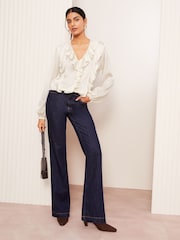 Friends Like These Ivory Long Sleeve Crinkle Satin Ruffle Front Blouse - Image 3 of 4
