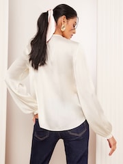 Friends Like These Ivory Long Sleeve Crinkle Satin Ruffle Front Blouse - Image 4 of 4