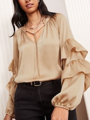 Friends Like These Gold Crinkle Satin Ruffle Sleeve Blouse - Image 1 of 5