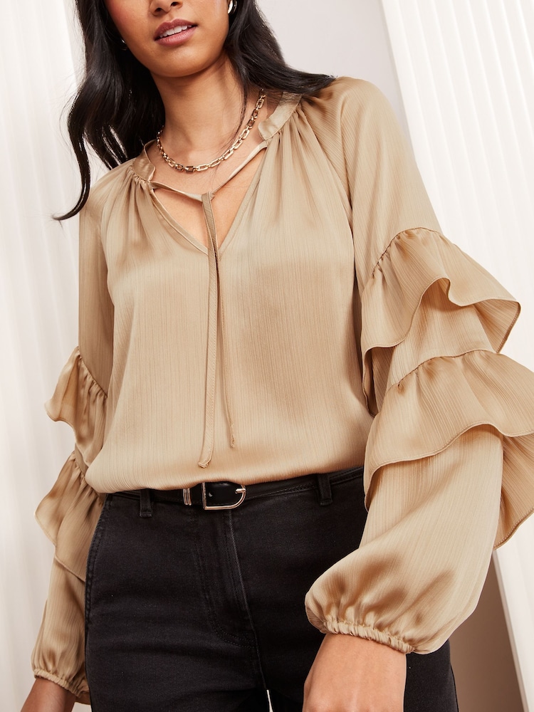 Friends Like These Gold Crinkle Satin Ruffle Sleeve Blouse - Image 1 of 5 Friends Like These Gold Crinkle Satin Ruffle Sleeve Blouse - Image 1 of 5