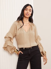 Friends Like These Gold Crinkle Satin Ruffle Sleeve Blouse - Image 2 of 5