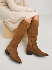 JD Williams Natural Wide Fit Knee High Suede Cowboy Boots - Image 1 of 4