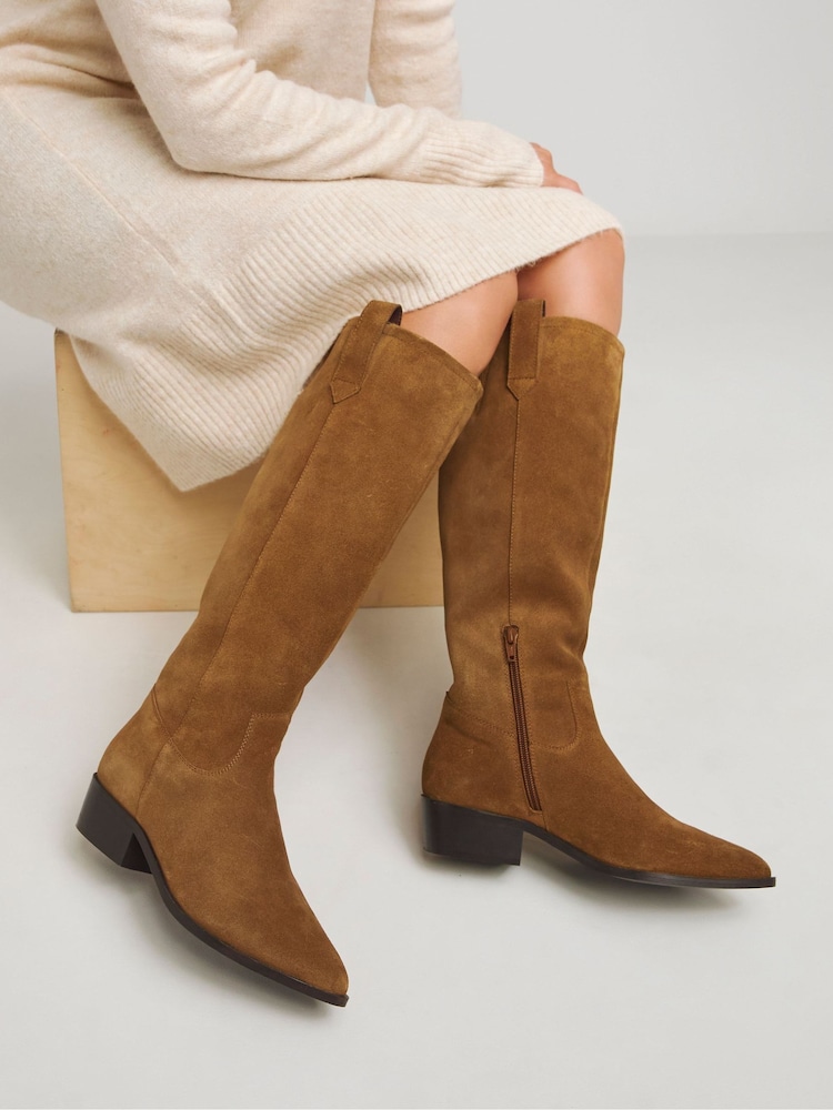 JD Williams Natural Wide Fit Knee High Suede Cowboy Boots - Image 1 of 4
