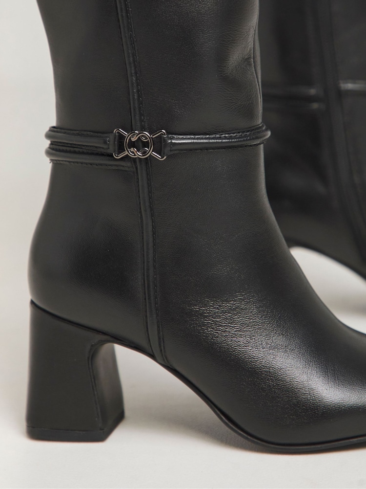 JD Williams Black Leather Knee High Heeled Boots With Ankle Trim In Wide Fit Curvy Calf - Image 4 of 4